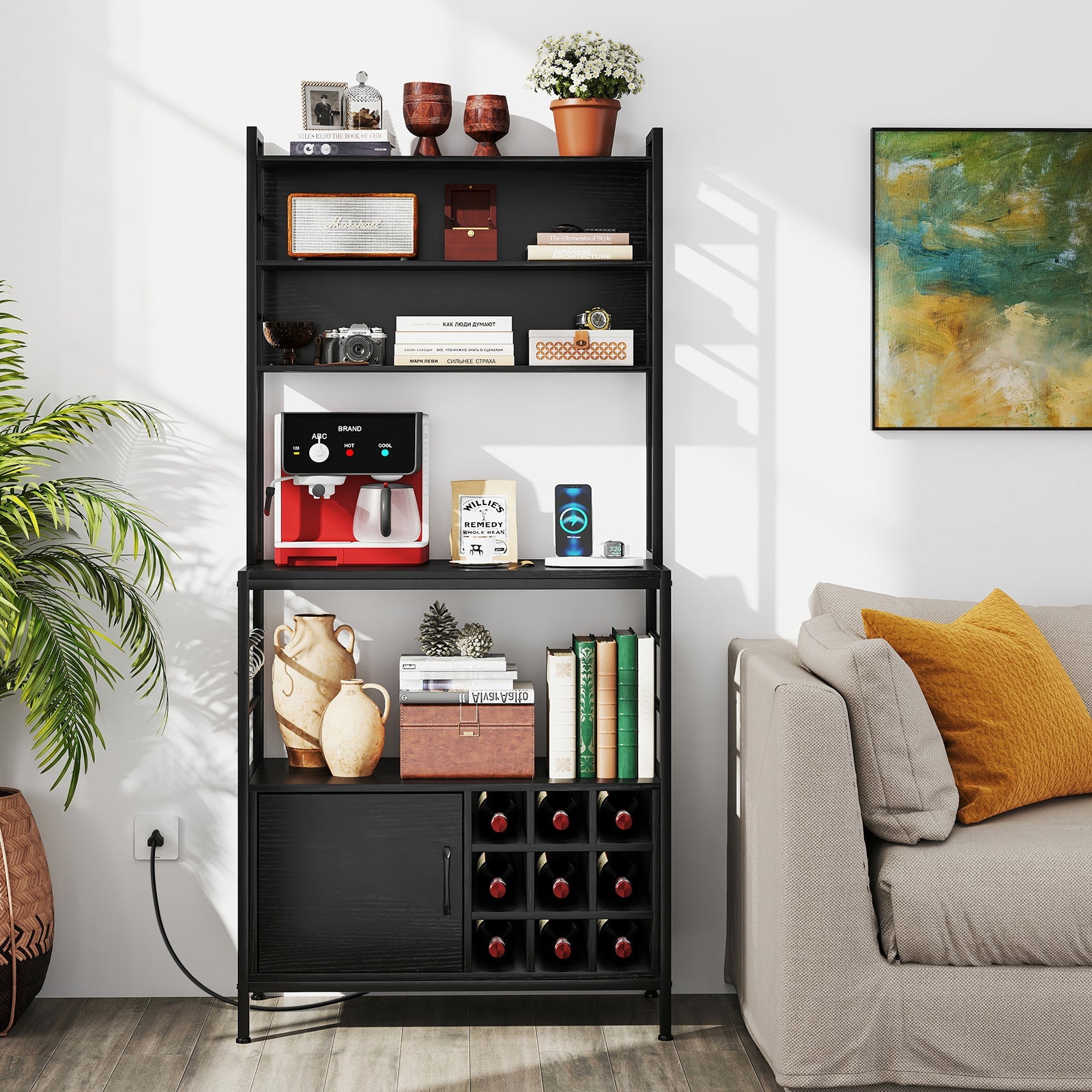 Coffee Bar Cabinet with S-Shaped Hooks and Wine Bottle Holders-Black