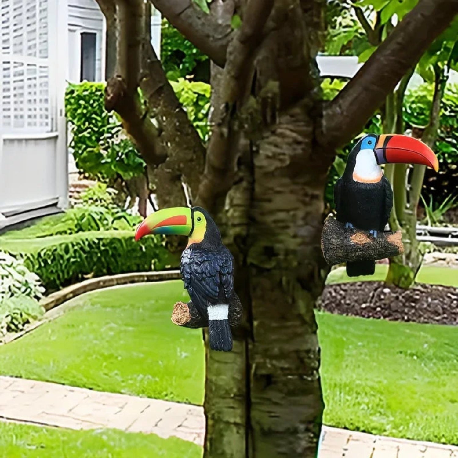 Colorful Ceramic Toucan Garden Statue Tropical Tree Decor