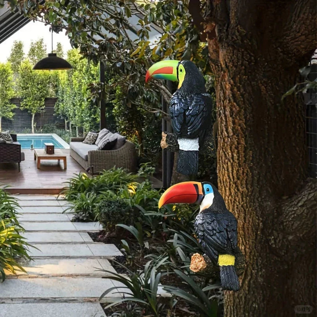 Colorful Ceramic Toucan Garden Statue Tropical Tree Decor