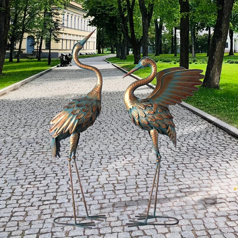 Copper Metal Crane Garden Statue Set