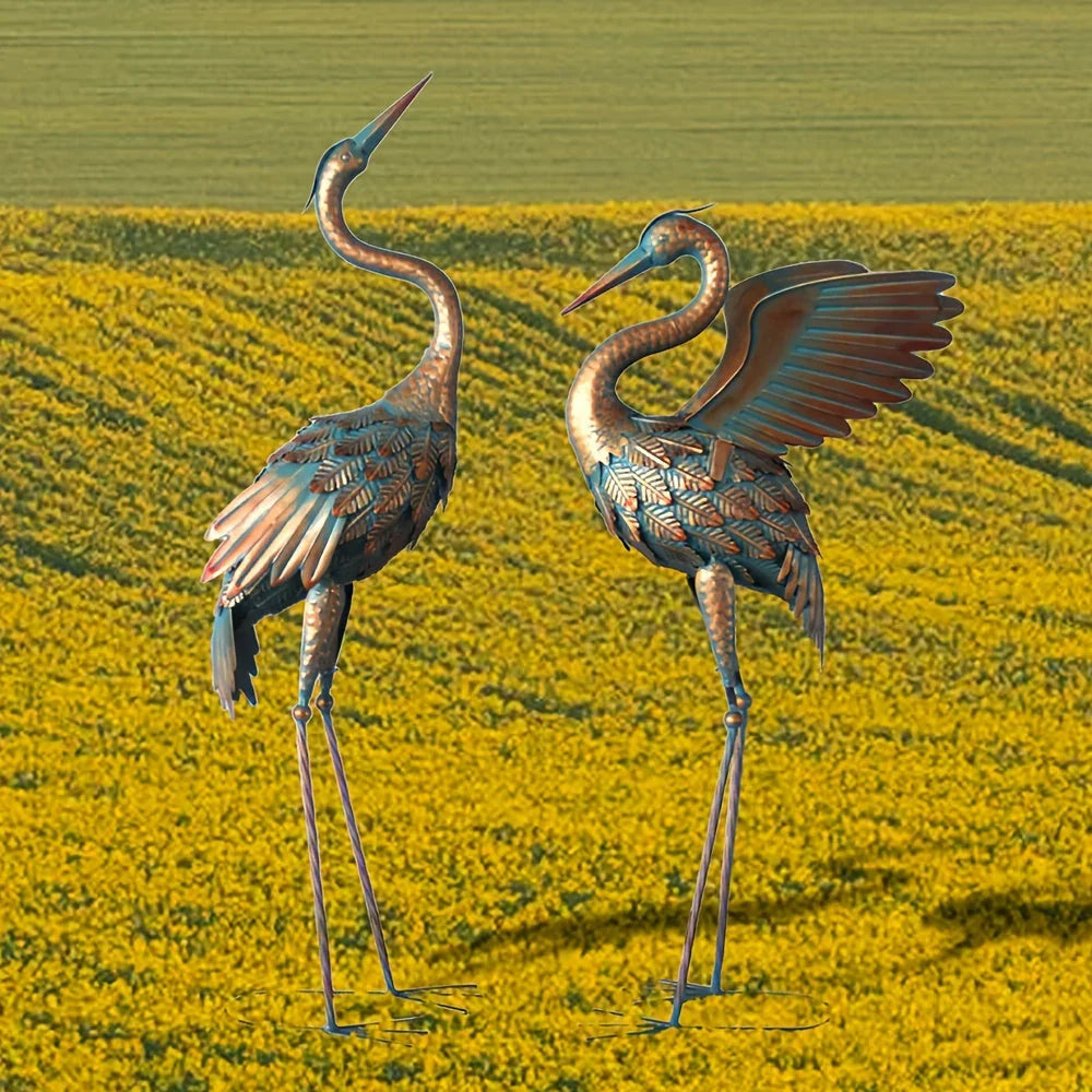 Copper Metal Crane Garden Statue Set