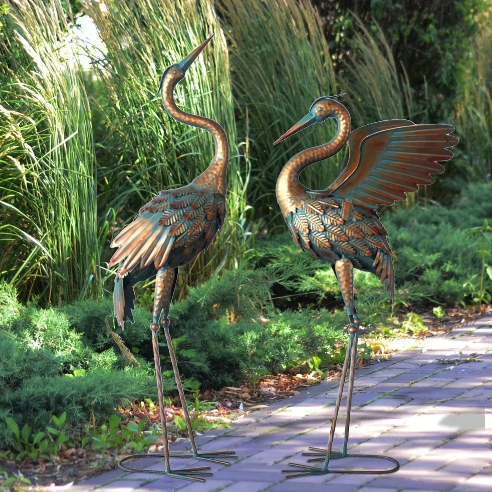 Copper Metal Crane Garden Statue Set