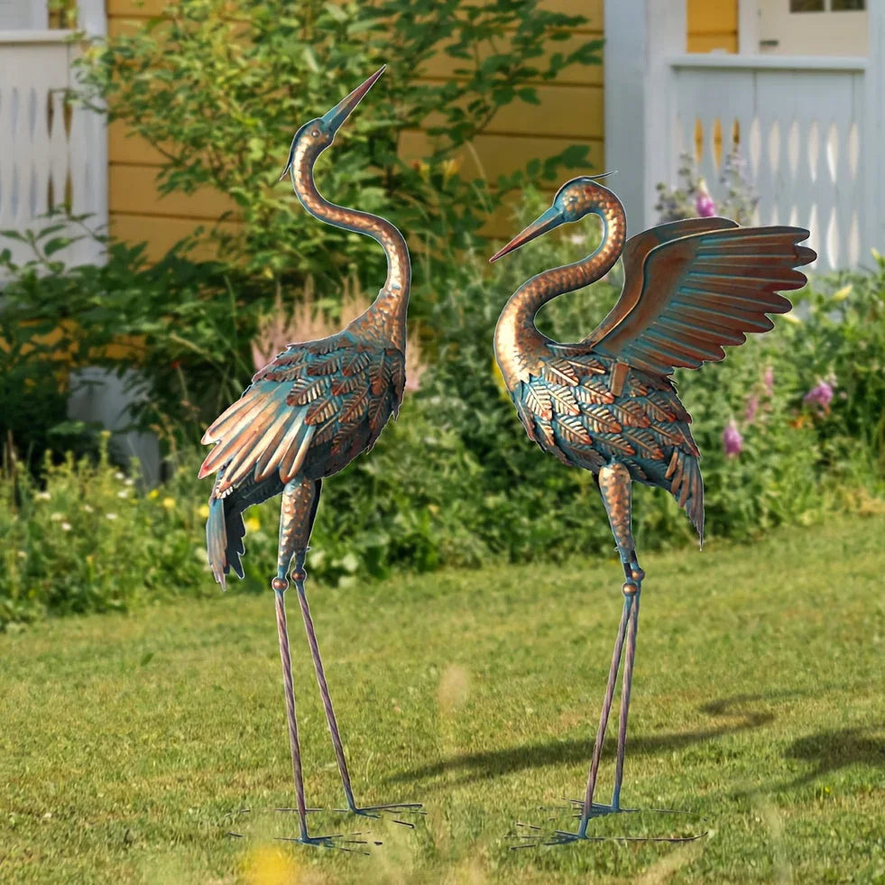 Copper Metal Crane Garden Statue Set