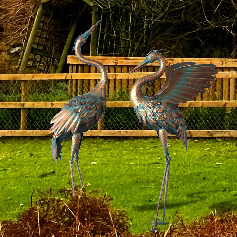 Copper Metal Crane Garden Statue Set