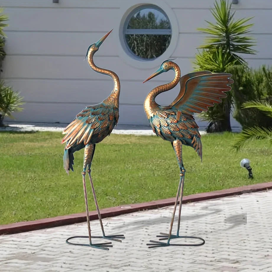 Copper Metal Crane Garden Statue Set