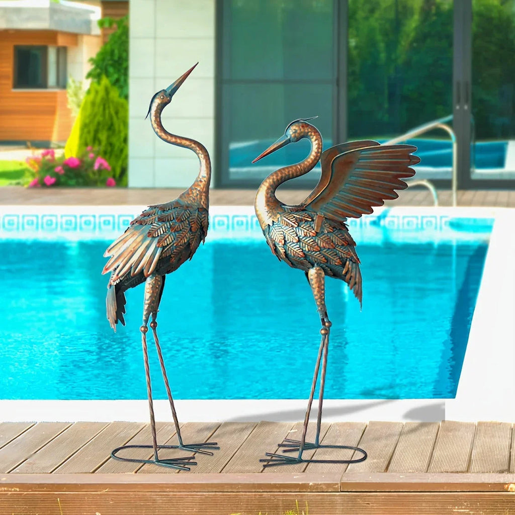 Copper Metal Crane Garden Statue Set