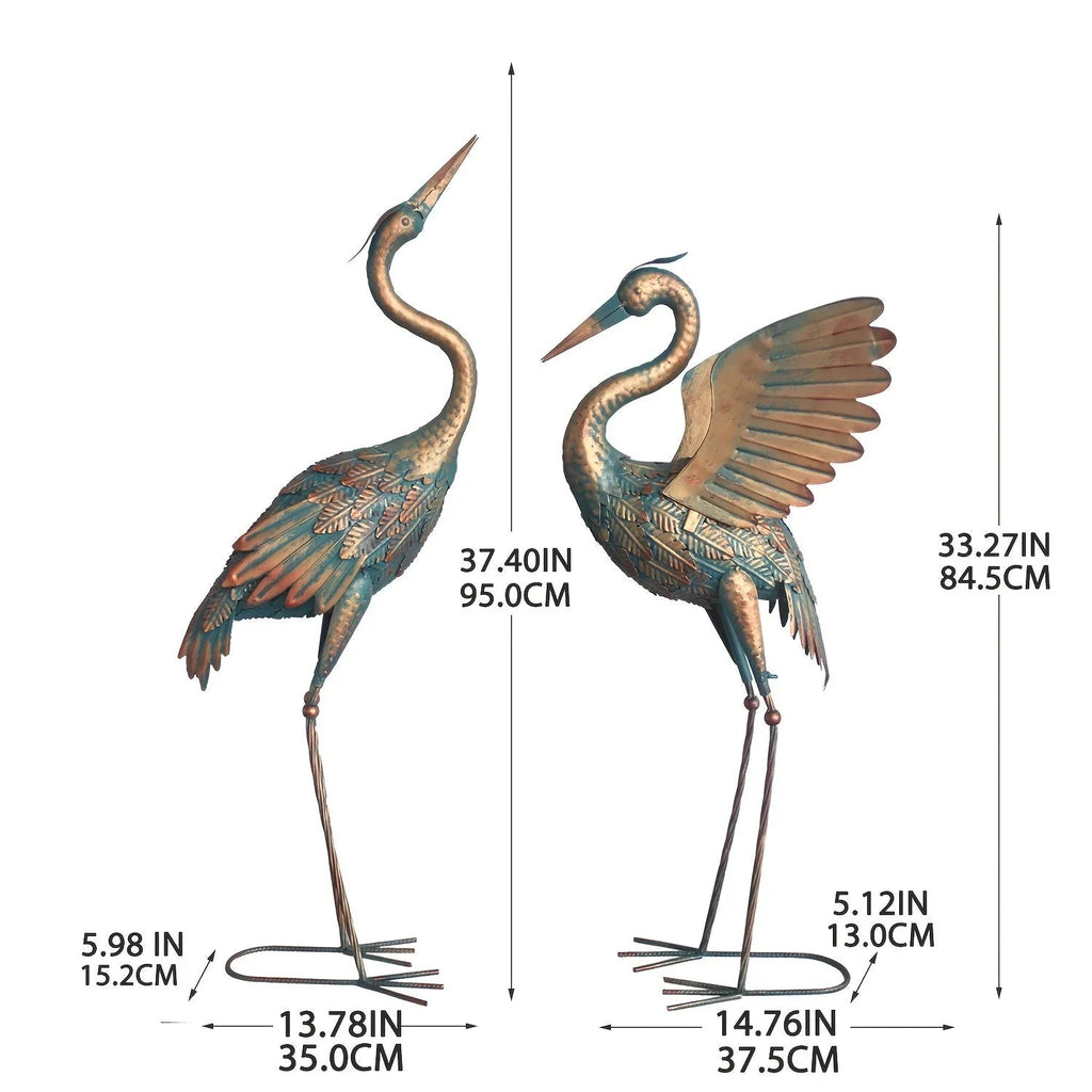 Copper Metal Crane Garden Statue Set
