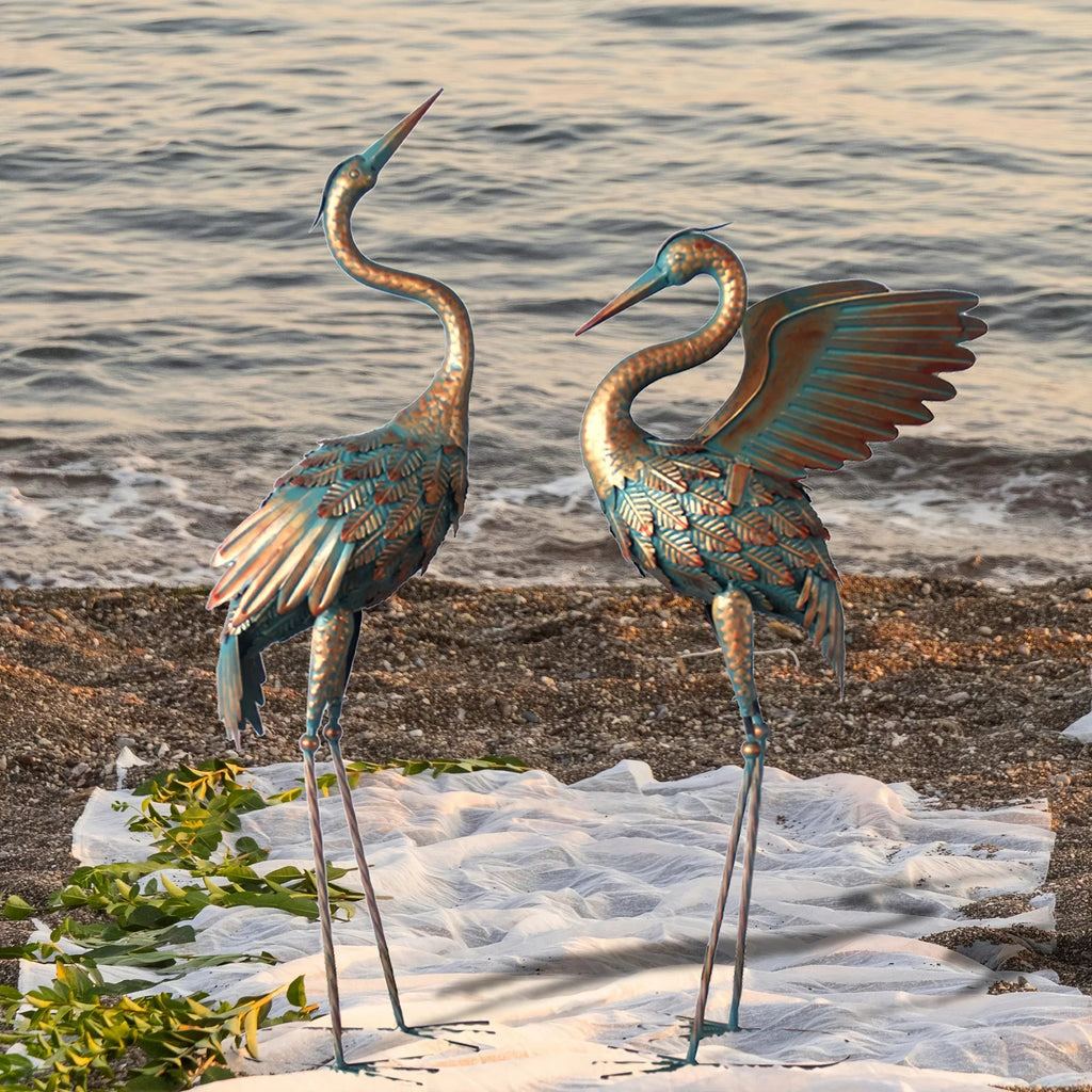 Copper Metal Crane Garden Statue Set