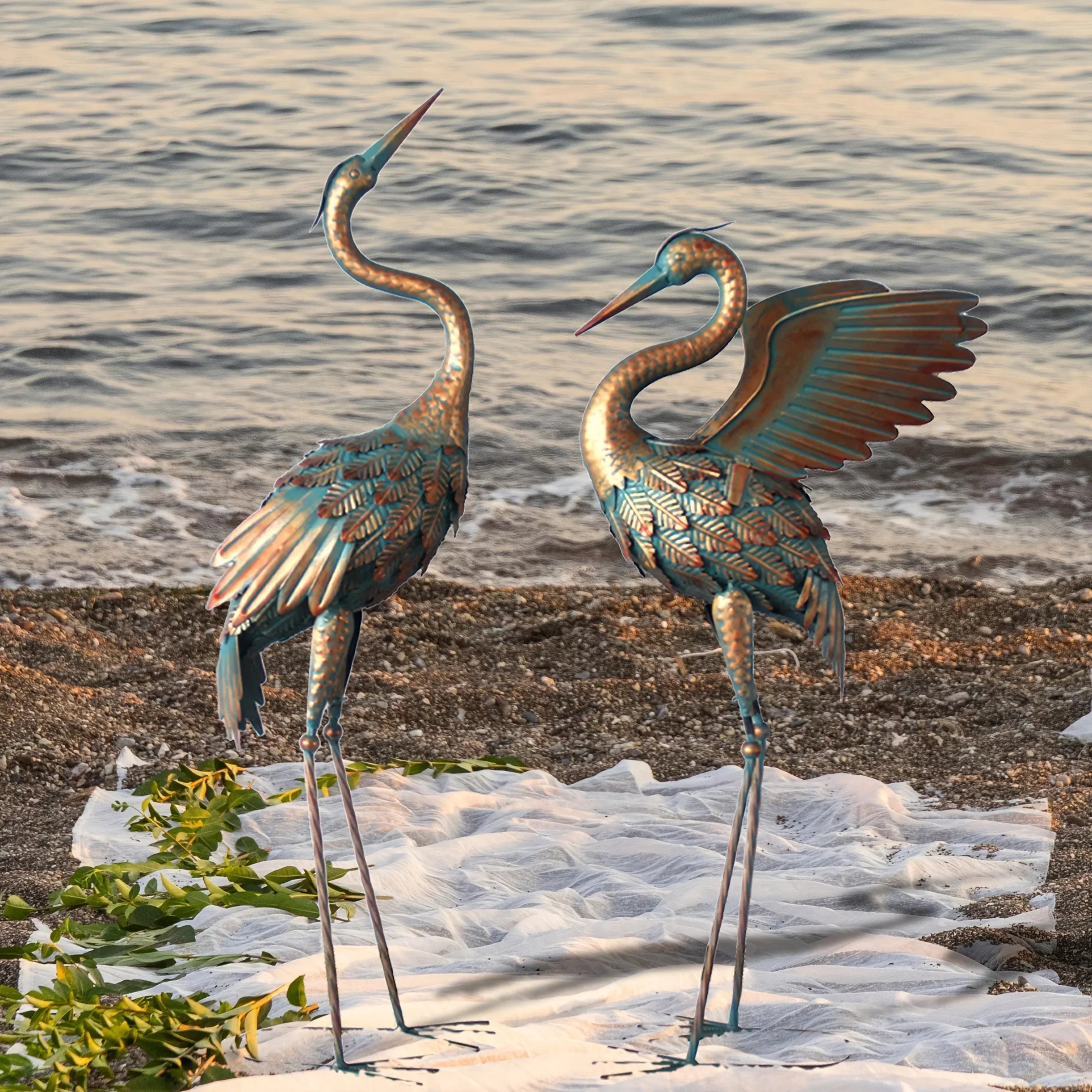 Copper Metal Crane Garden Statue Set