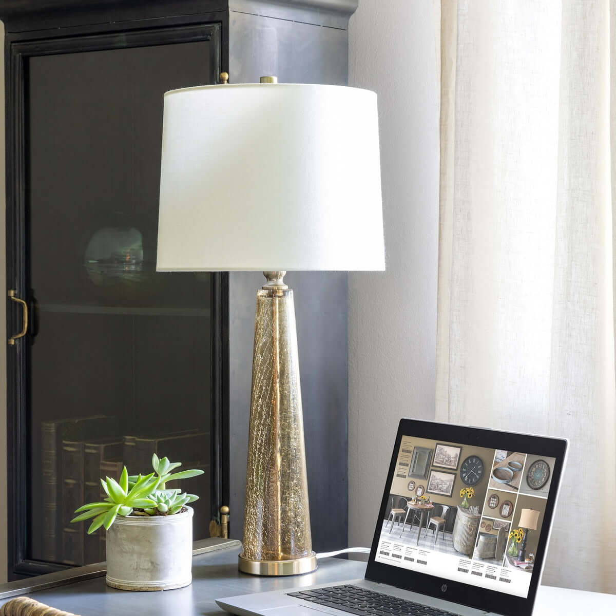 Crackled Glass Table Lamp with White Linen Shade