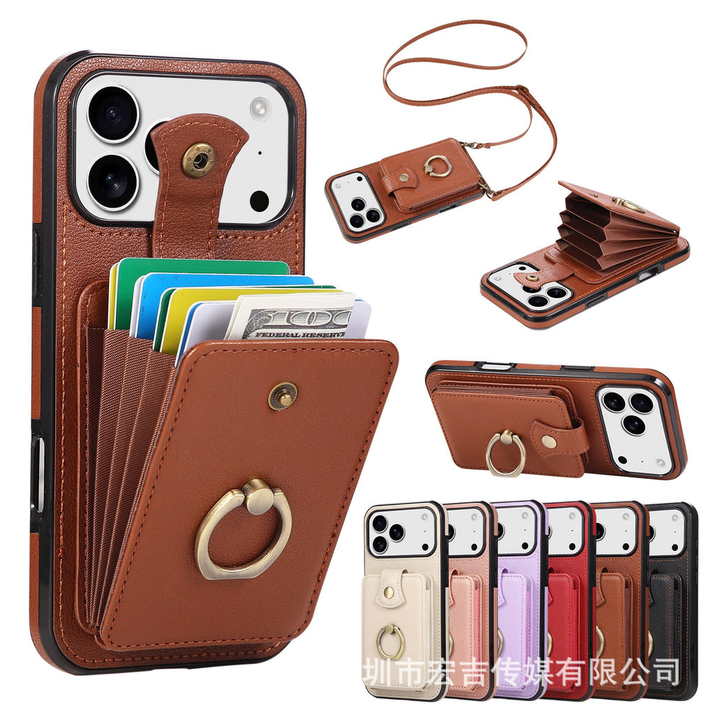 Leather Phone Case With Ring Holder And Card Slot Drop Proof Protective Case