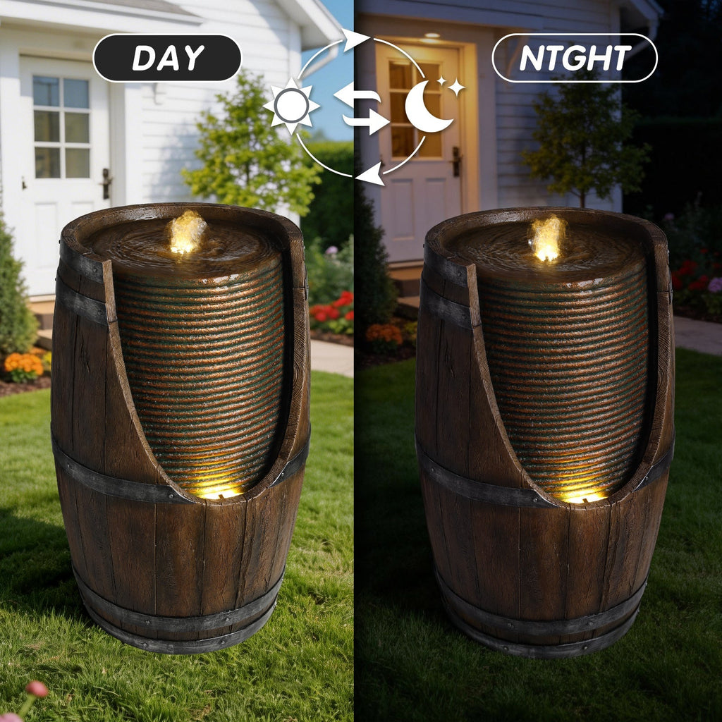 Outdoor Barrel Water Fountain with Rustic Wood Look Resin