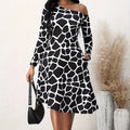 Ladies' Fashionable And Elegant Printed Off Shoulder Zebra Print A-line Dress