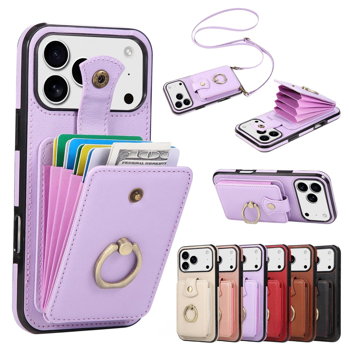Leather Phone Case With Ring Holder And Card Slot Drop Proof Protective Case