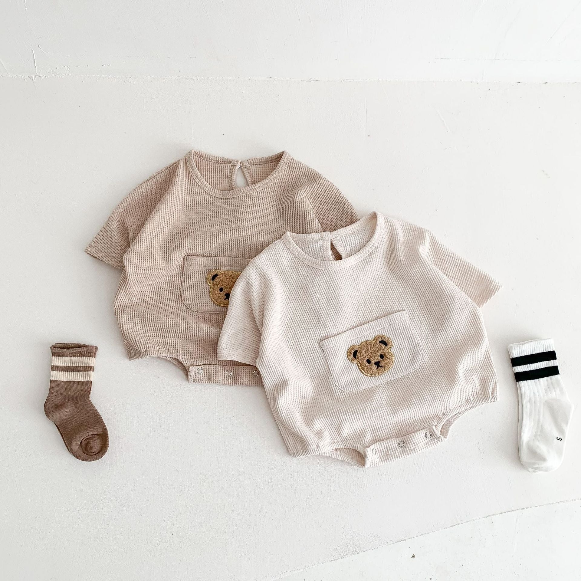 Cute Bear Embroidery Baby Romper | With Front Pocket - # BAAA21110057