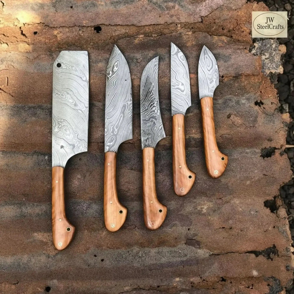 5-Piece Damascus Kitchen Knife Set — Cleaver, Chef, Utility, Boning & Paring with Olive Wood Handles & Brass Pins