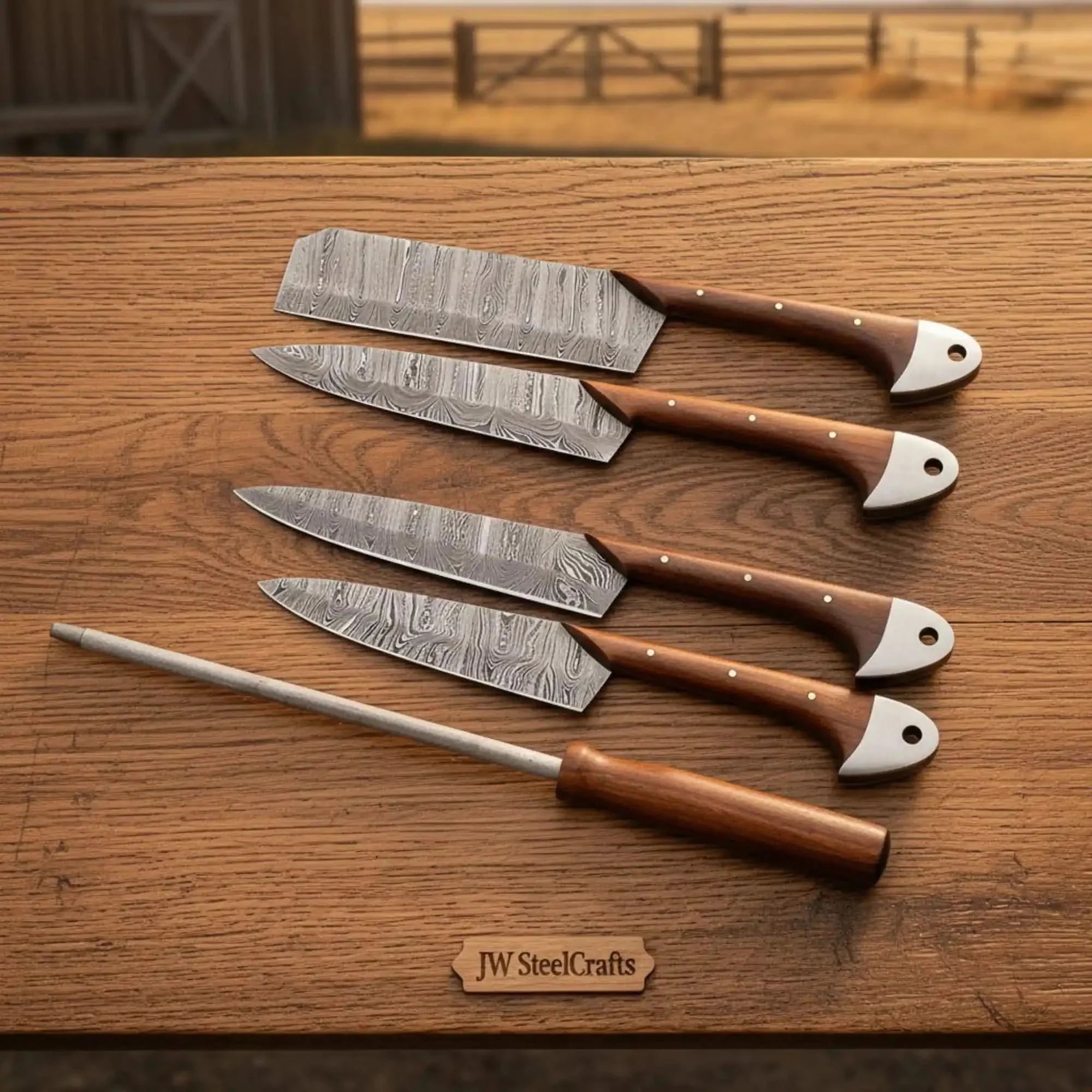 Pattern-Welded Damascus Kitchen Set — Tall Cai Dao Cleaver, Nakiri, Gyuto & Petty Knife