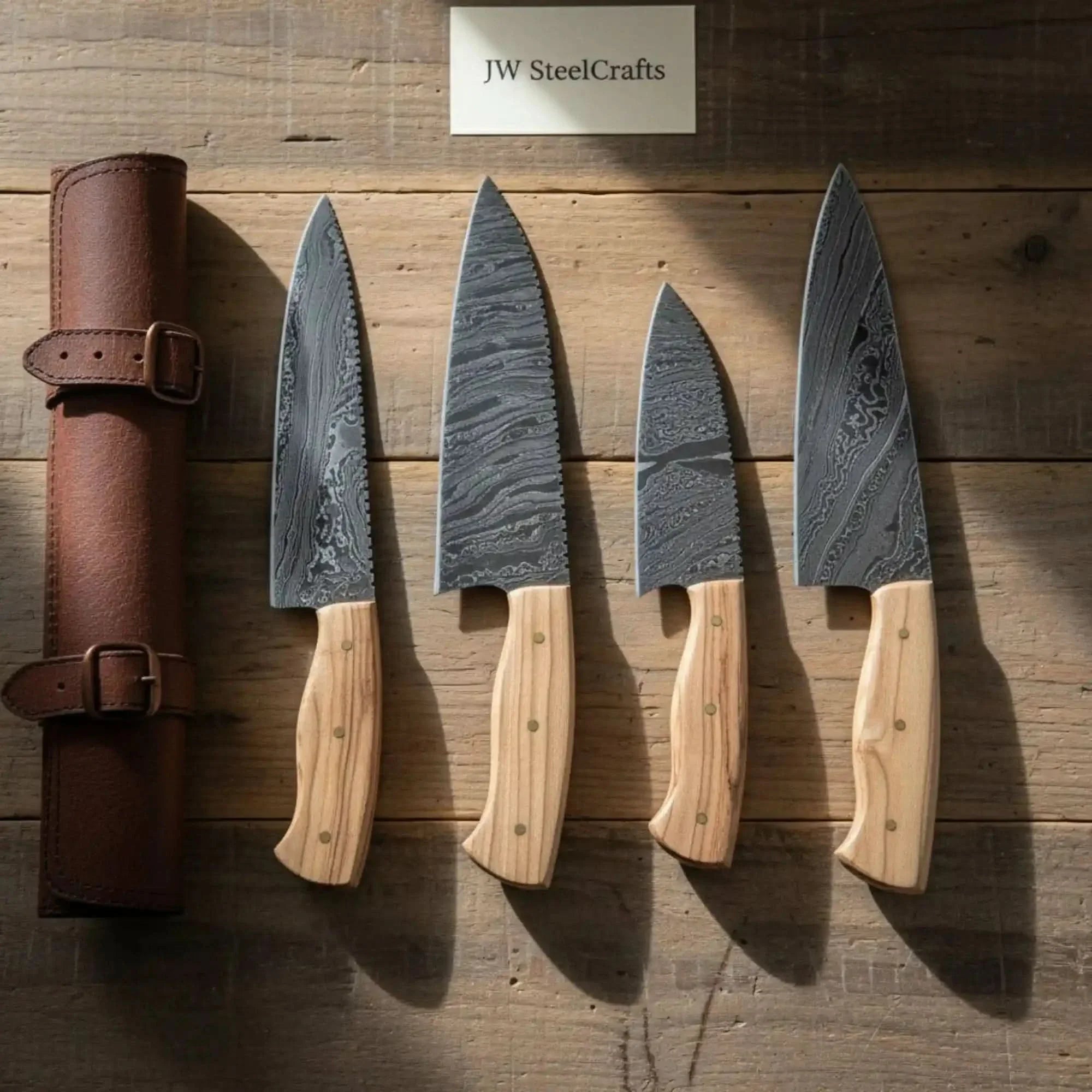 4-Piece Damascus Olive Wood Kitchen Knife Set — Wave Pattern Damascus Blades