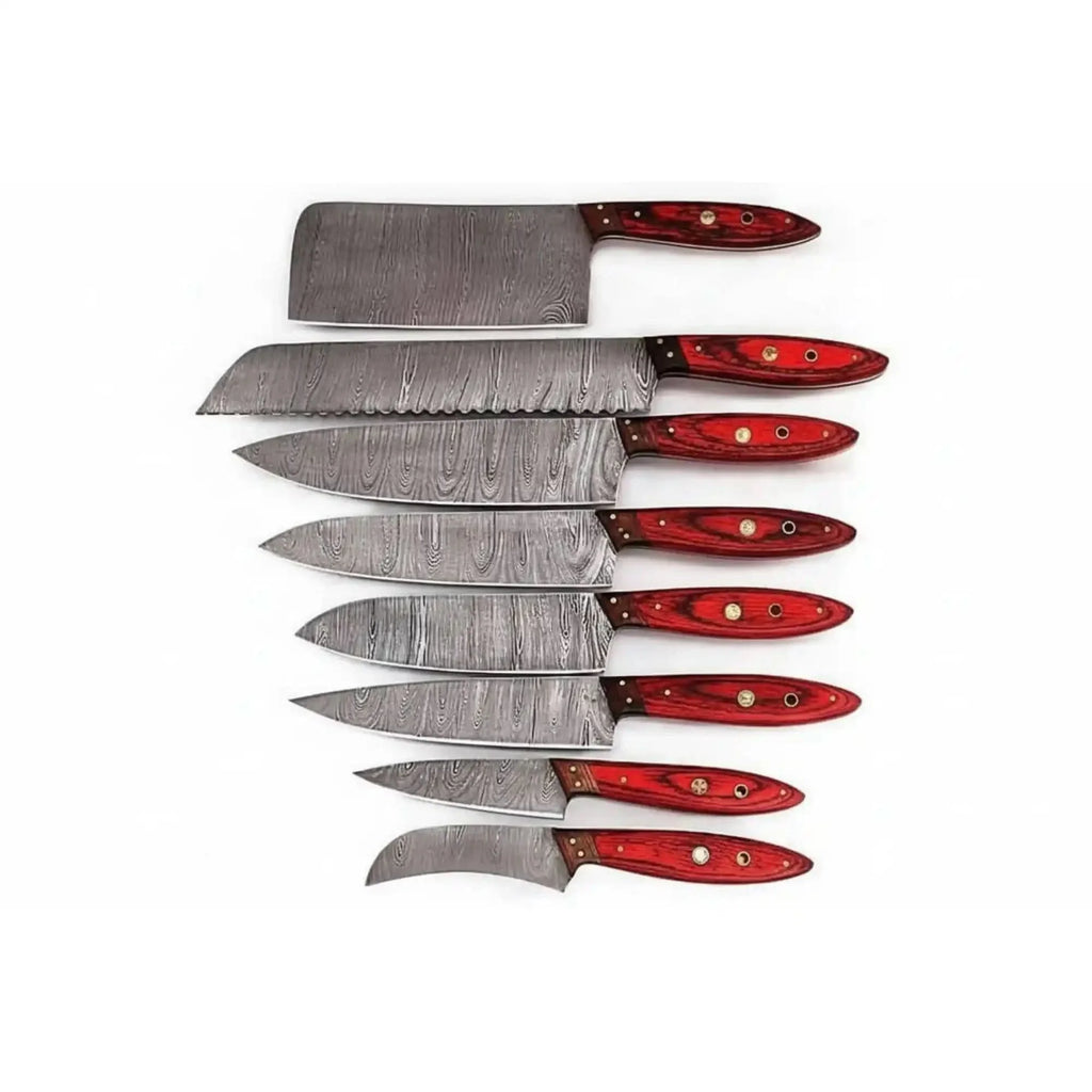 JW SteelCrafts Handmade Damascus Kitchen Knife Set of 8, Cleaver, Santoku, Gyuto Chef, Utility, Boning and Skinning Knives, Red Pakka Wood Handle, Full Tang