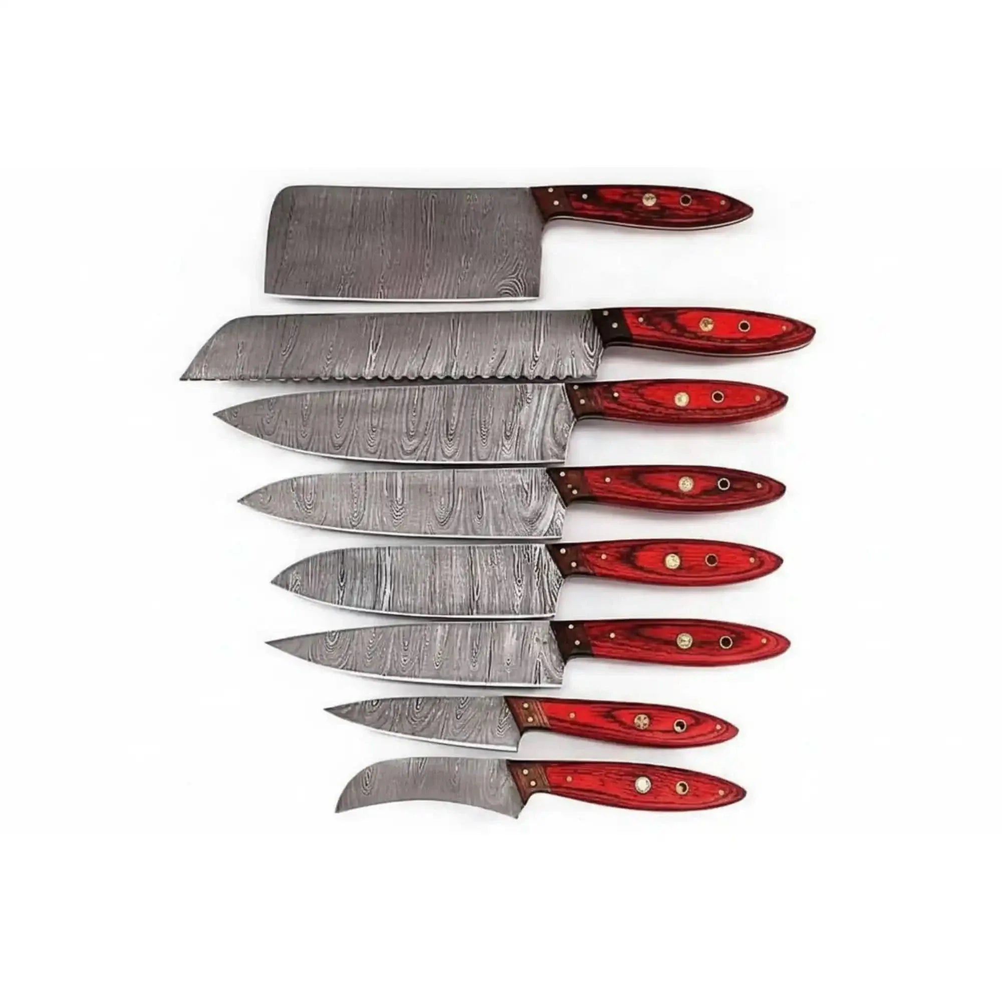 JW SteelCrafts Handmade Damascus Kitchen Knife Set of 8, Cleaver, Santoku, Gyuto Chef, Utility, Boning and Skinning Knives, Red Pakka Wood Handle, Full Tang
