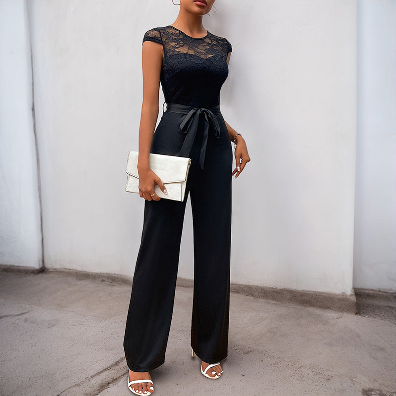 Lace Stitching Sleeveless Jumpsuit High Waist