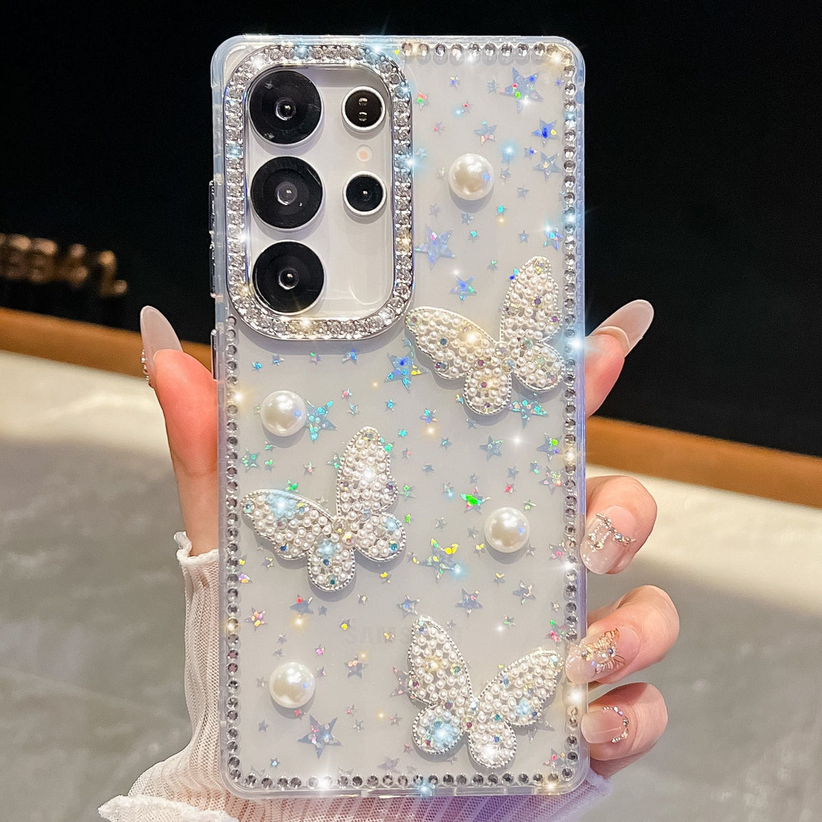 Glitter Powder Pearl Butterfly Style Phone Case With Rhinestones