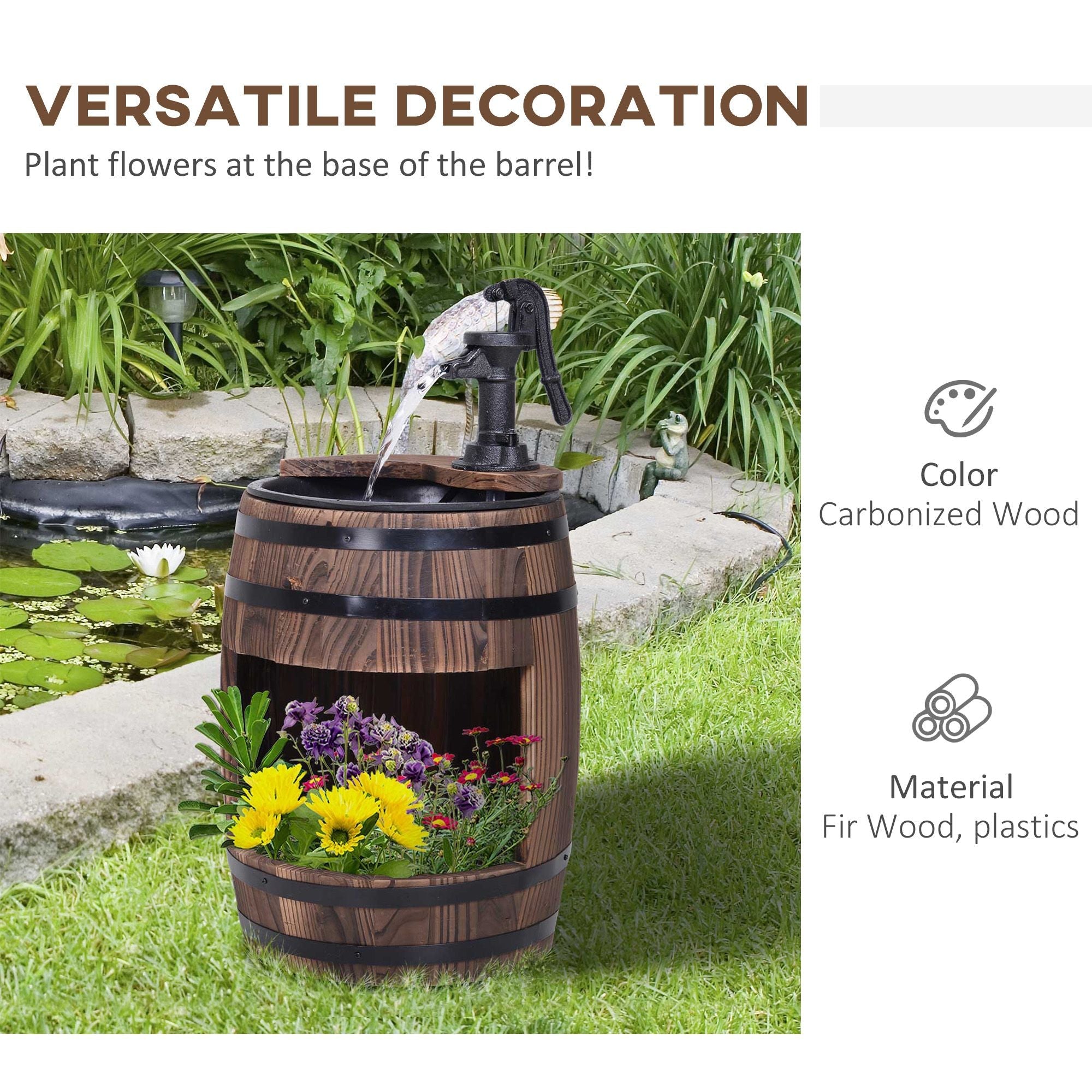 2-Tier Wooden Water Pump Fountain with Flower Box Base Durable Design for Garden Decor