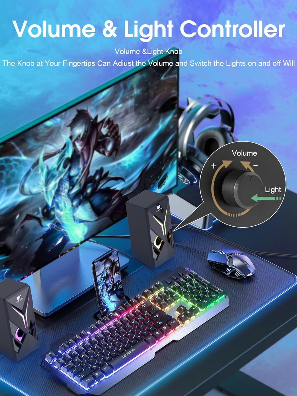 OROW 10W RGB Computer Speakers with Volume Control, Colorful LED Gaming Speakers for Pc/Desktop/Laptop/Monitor, 3.5Mm Aux Input, Lights On/Off Option (S201)