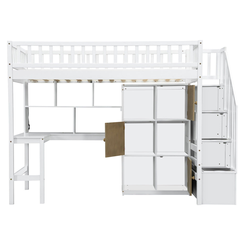 Loft Bed With Built In L Shaped Desk, LED Lights, Storage Shelves, Cabinets, And Staircase