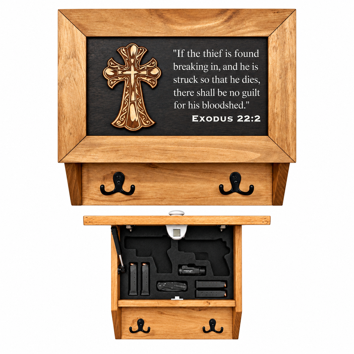 Decorative Gun Cabinet Wall-Mounted & Secure with a Cross and Exodus 22:2 - Gun safe To Securely Store Your Gun & Home Self Defense Gear