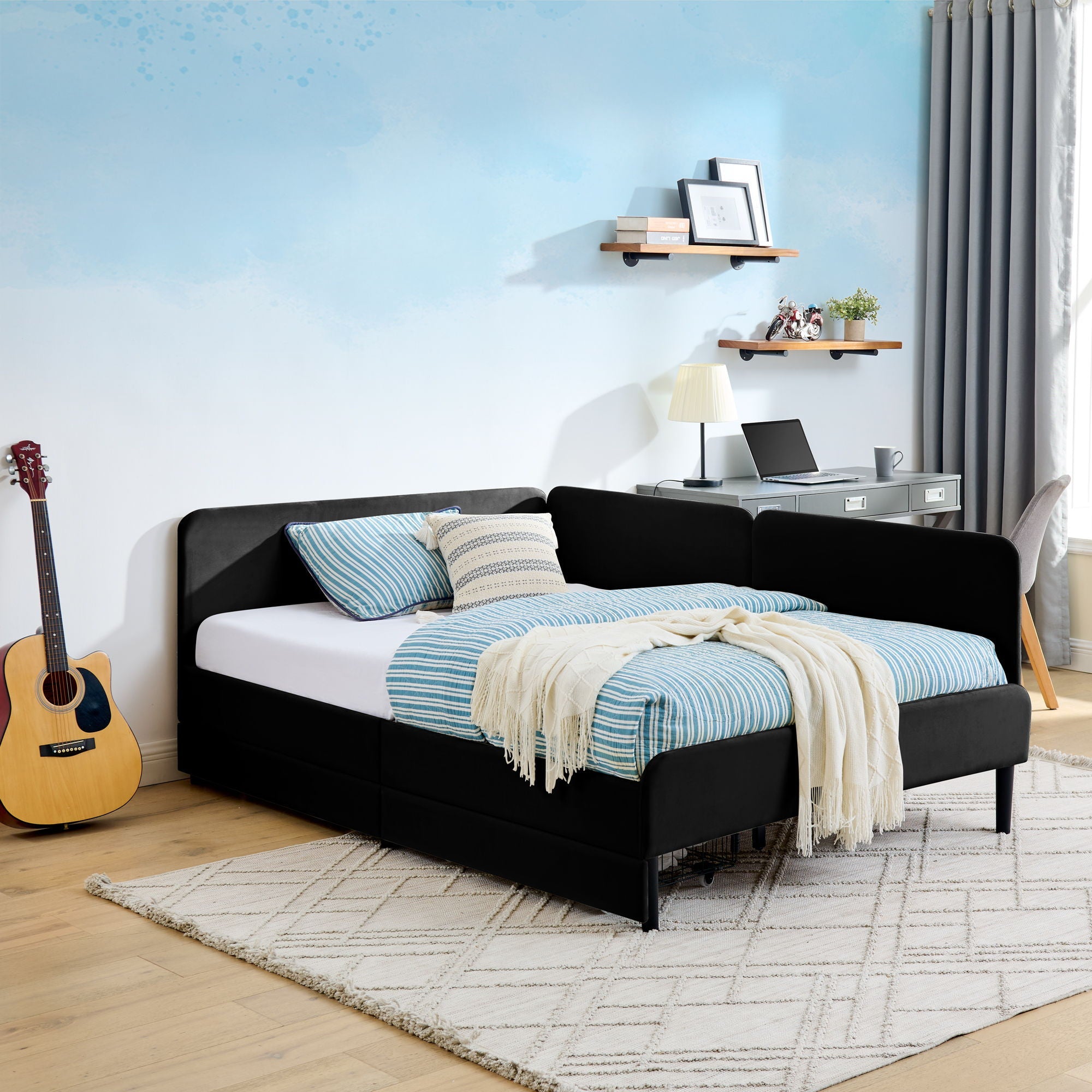 Upholstered Platform Bed Frame With 2 Storage Drawers And Adjustable Sofa Bed