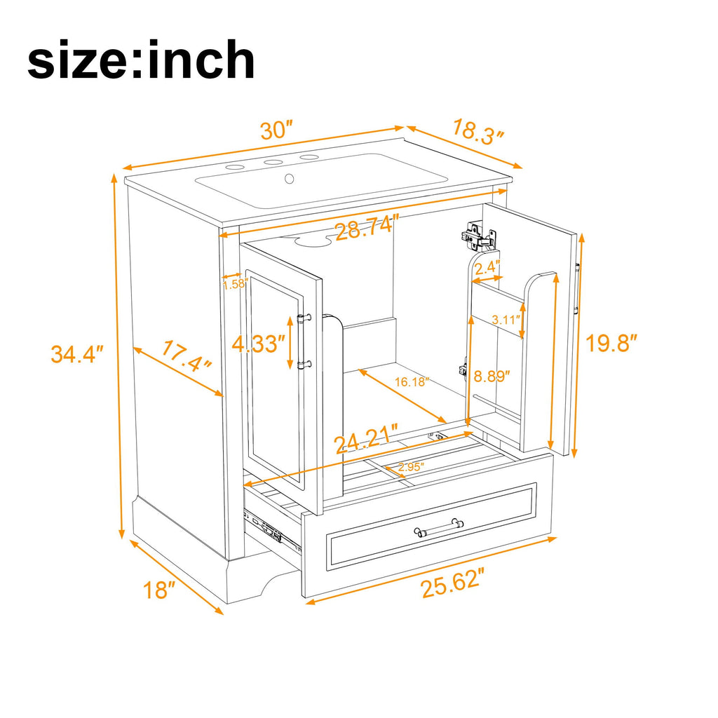 Bathroom Vanity With Sink, 1 Divided Drawer And 2 Soft Close Doors With Double Shelf