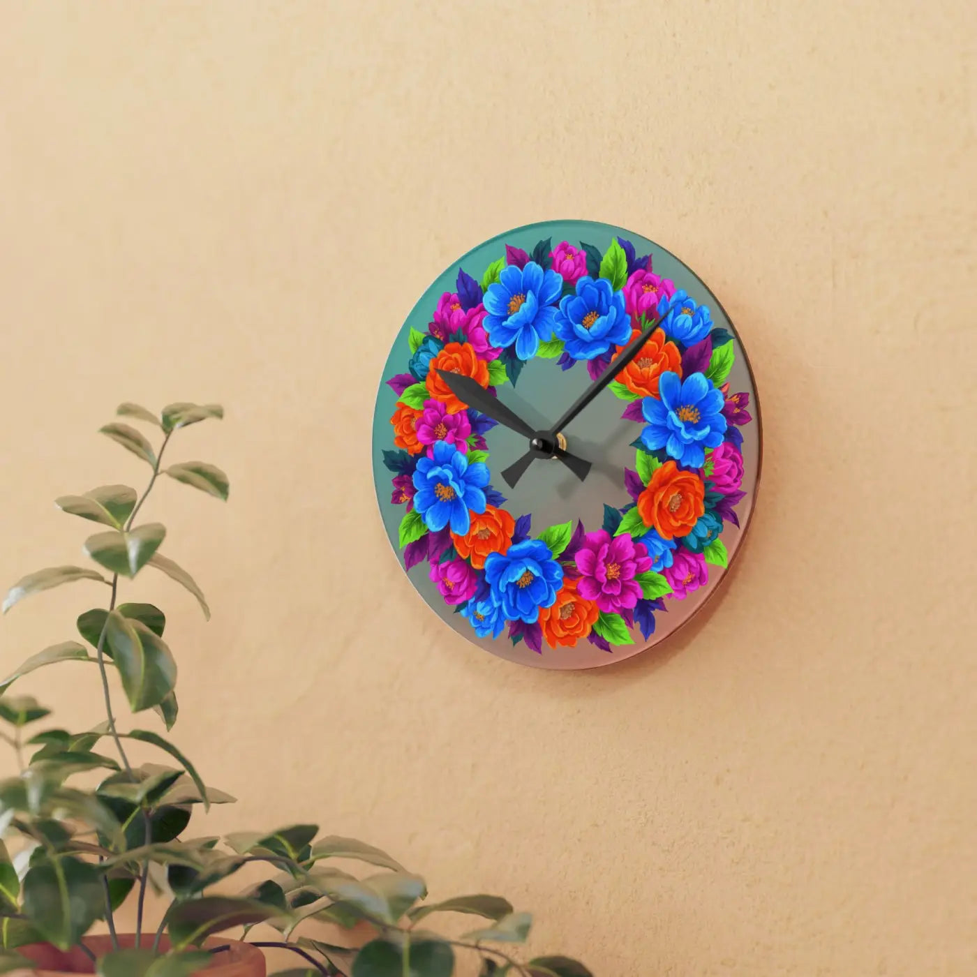 Vibrant Blue Acrylic Wall Clock Floral Wreath - Dipaliz