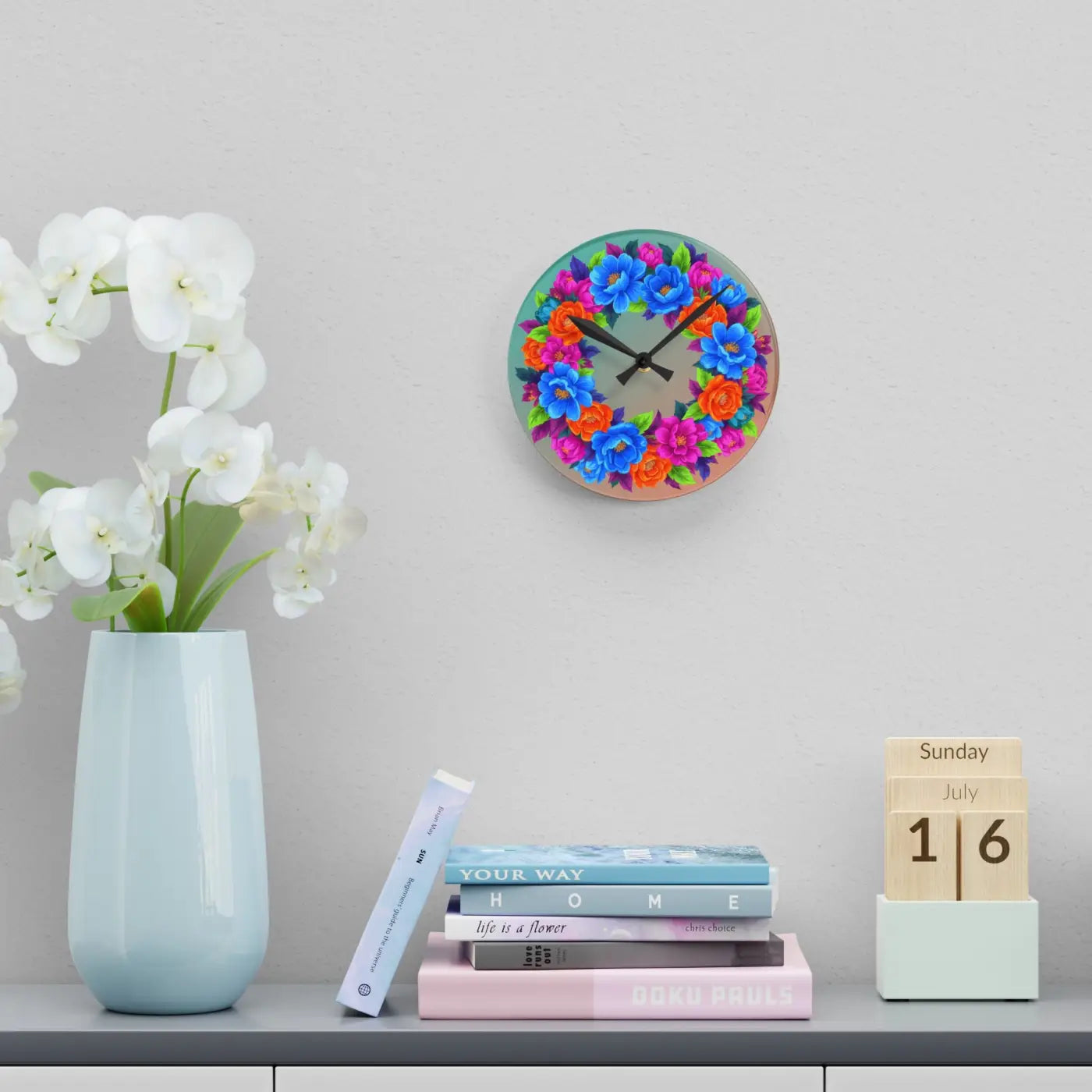 Vibrant Blue Acrylic Wall Clock Floral Wreath - Dipaliz
