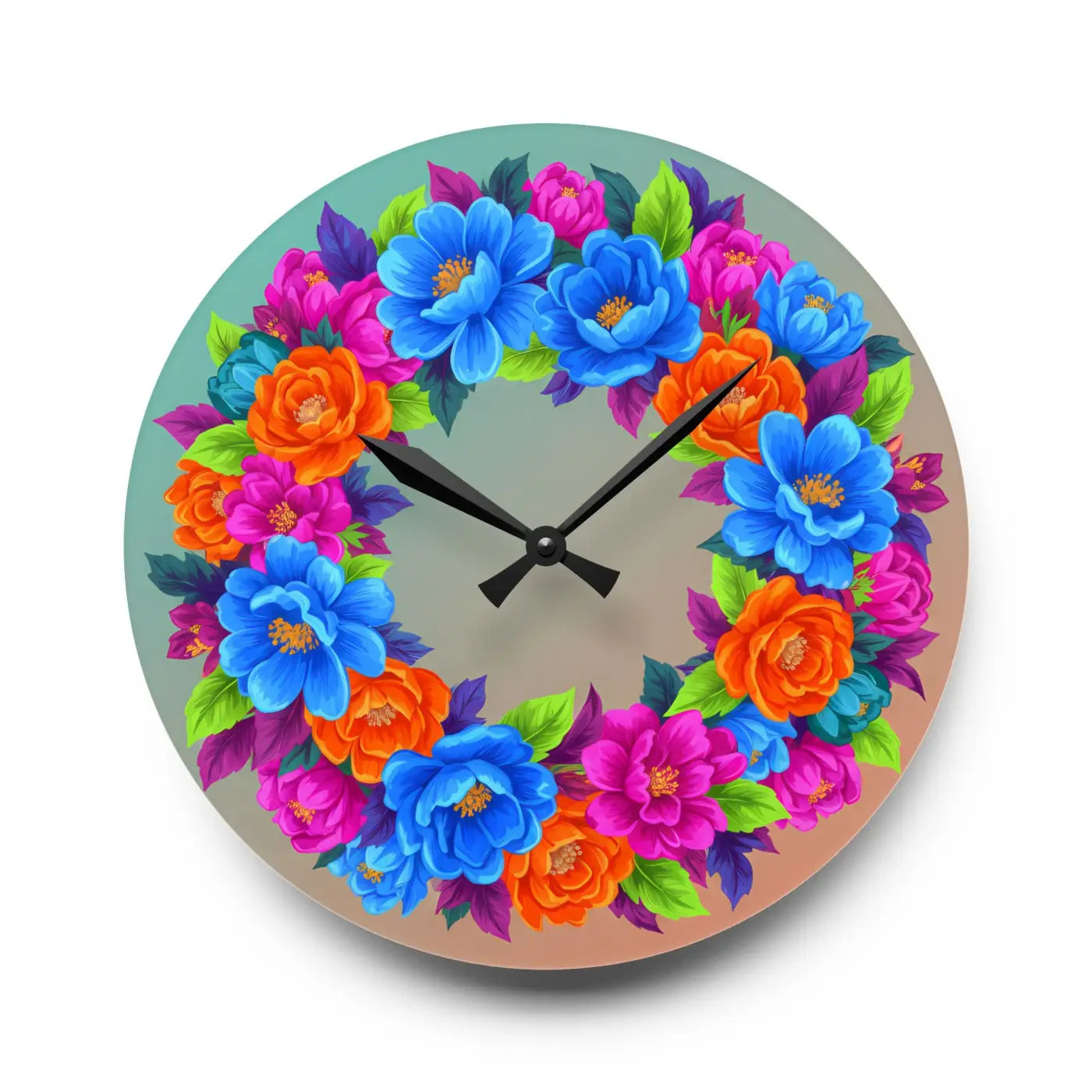 Vibrant Blue Acrylic Wall Clock Floral Wreath - Dipaliz