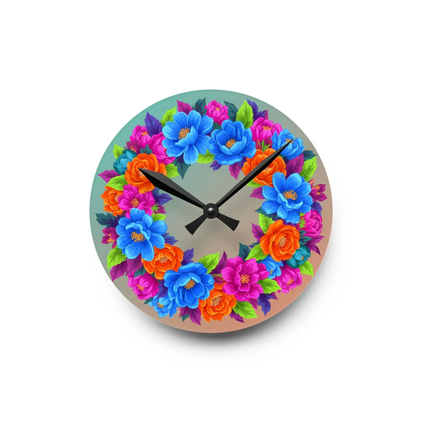 Vibrant Blue Acrylic Wall Clock Floral Wreath - Dipaliz