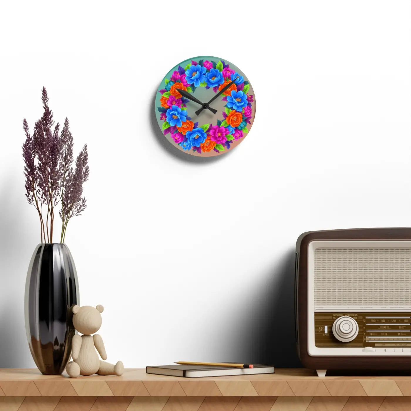 Vibrant Blue Acrylic Wall Clock Floral Wreath - Dipaliz