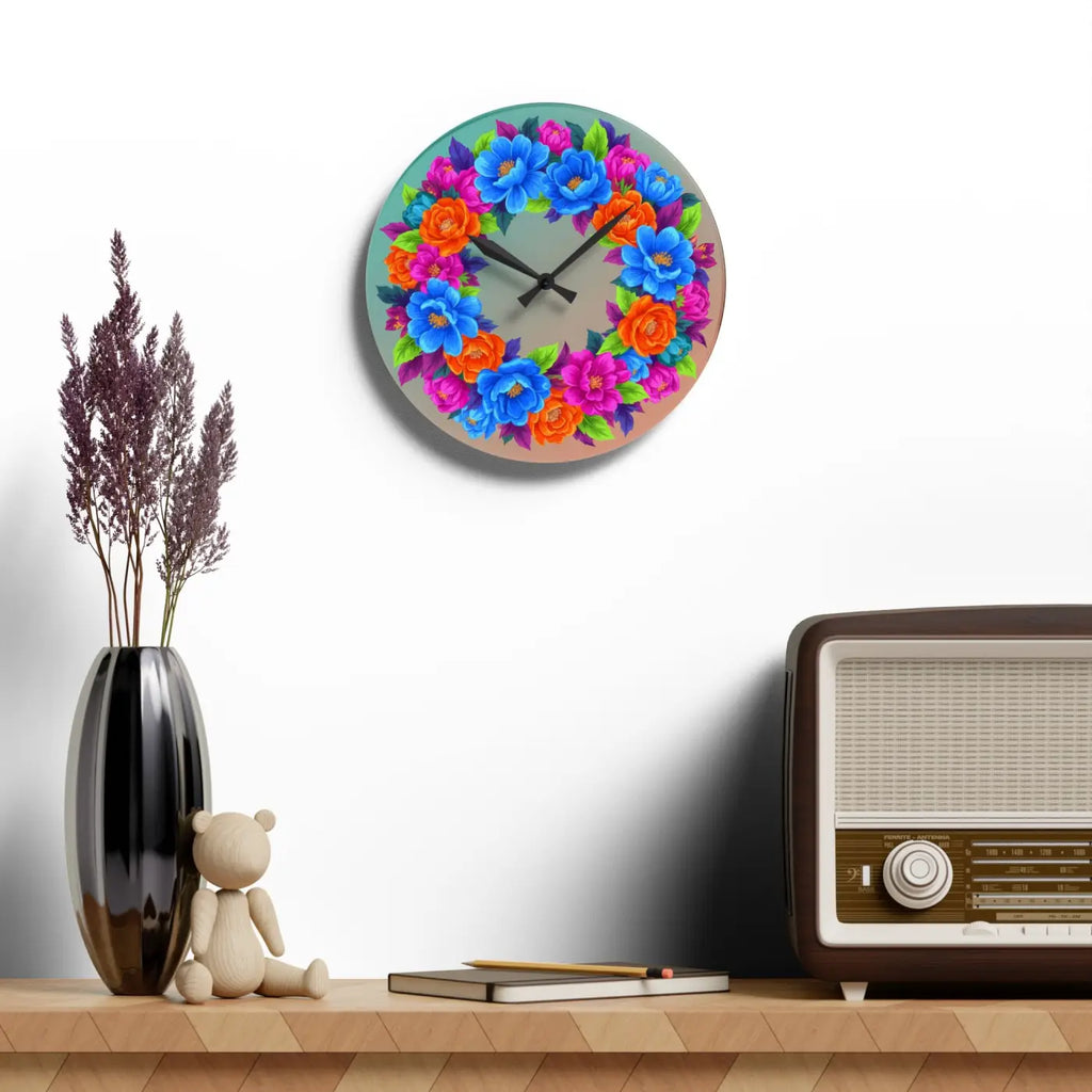 Vibrant Blue Acrylic Wall Clock Floral Wreath - Dipaliz