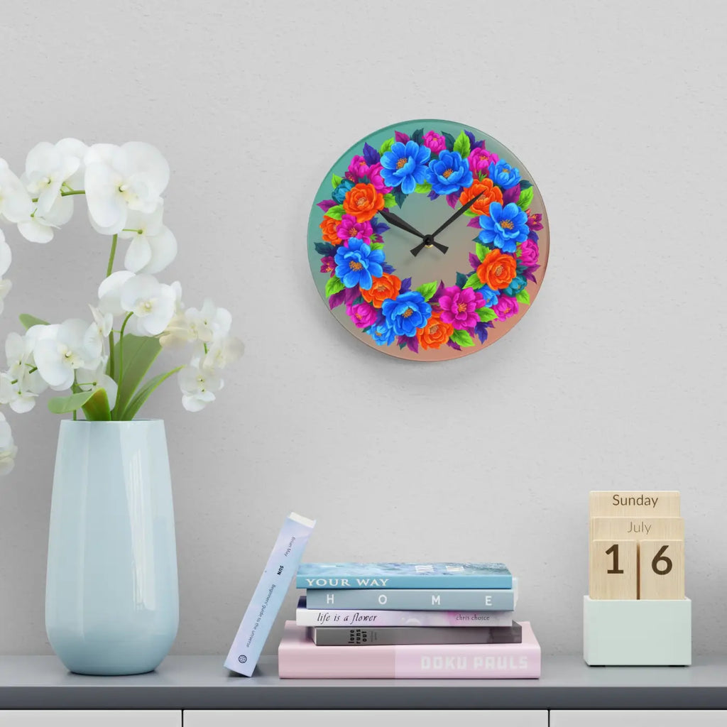 Vibrant Blue Acrylic Wall Clock Floral Wreath - Dipaliz