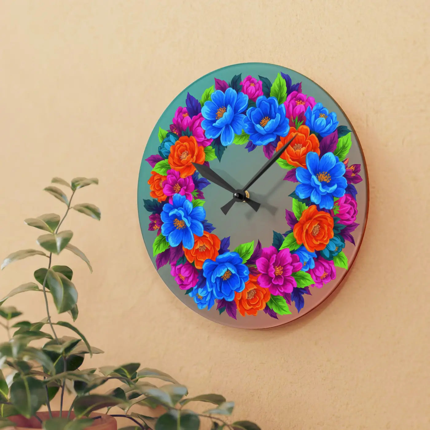 Vibrant Blue Acrylic Wall Clock Floral Wreath - Dipaliz