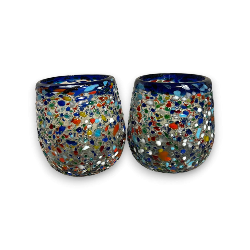 Blue Rim Confetti Wine Glass | Hand-Blown Mexican Stemless Cup