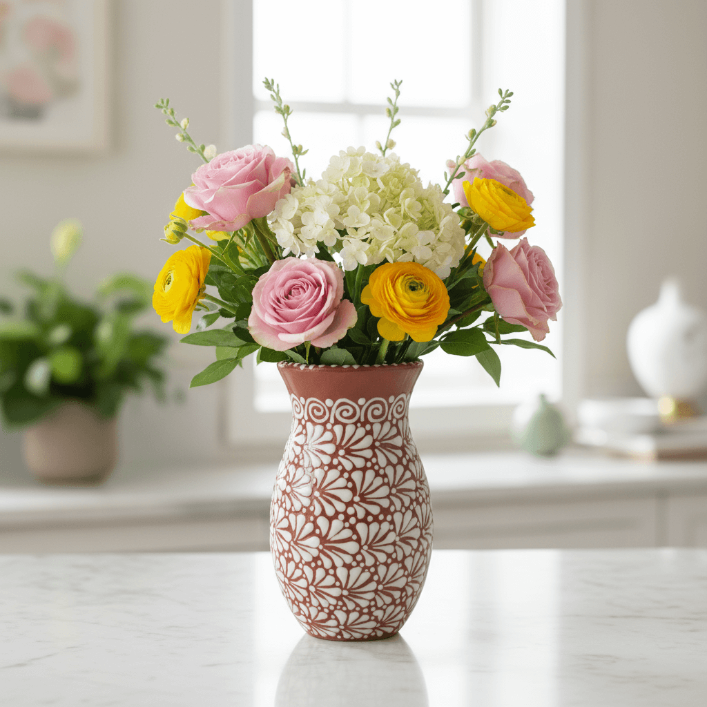 Handcrafted Talavera Vase | Brown & White Relief Pottery