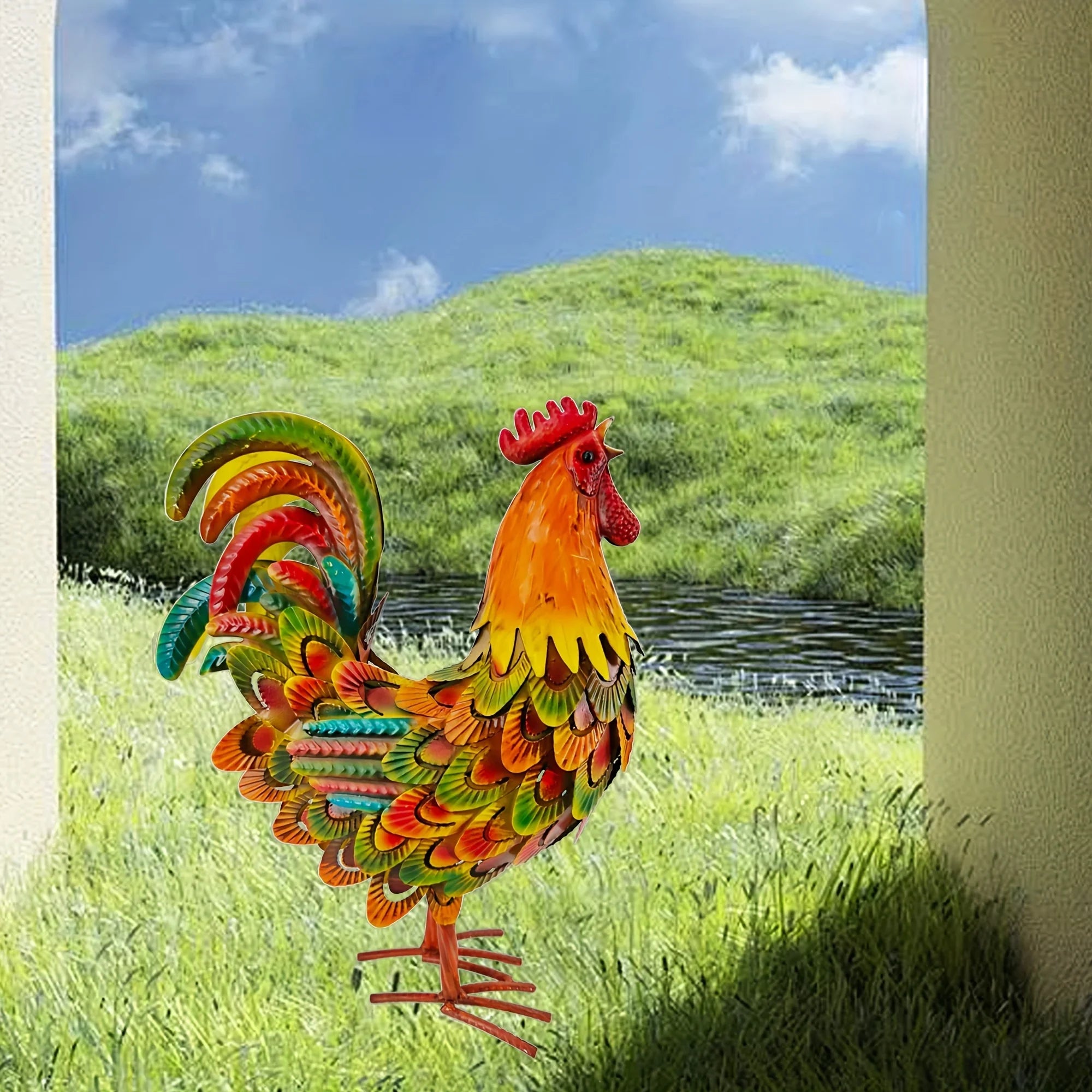 Handcrafted Colorful Metal Rooster Garden Statue