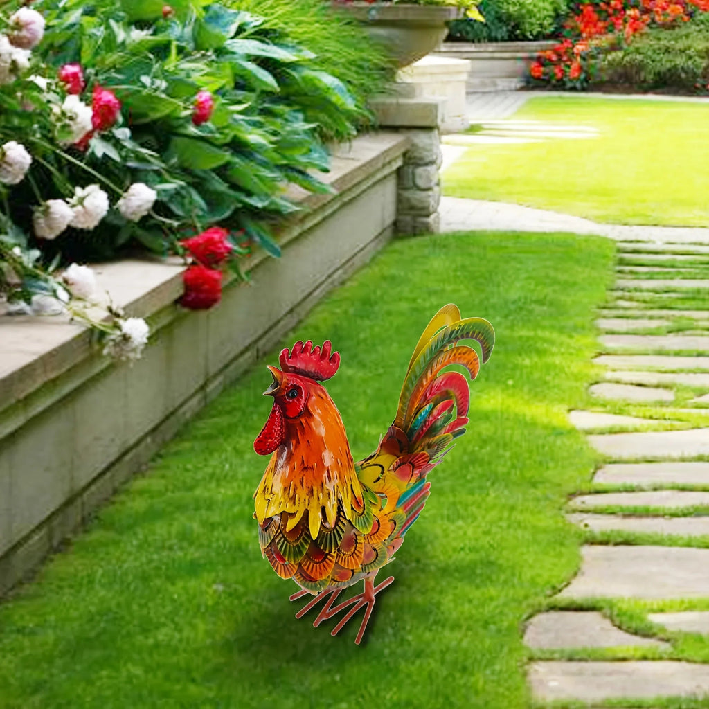 Handcrafted Colorful Metal Rooster Garden Statue