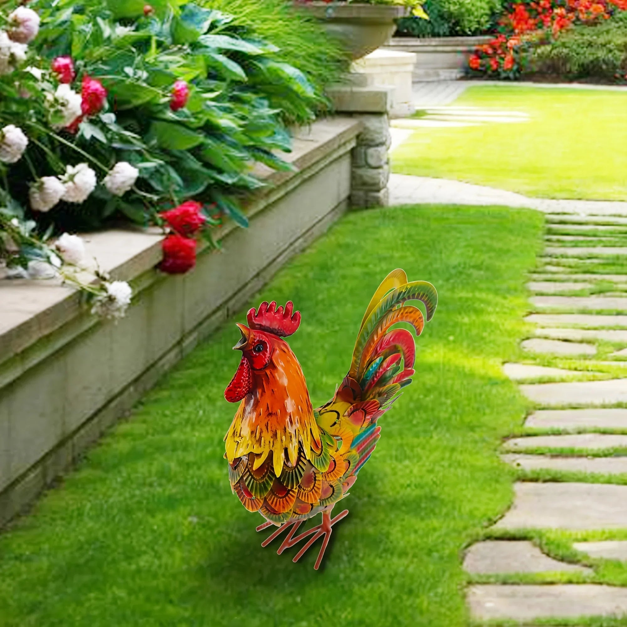 Handcrafted Colorful Metal Rooster Garden Statue