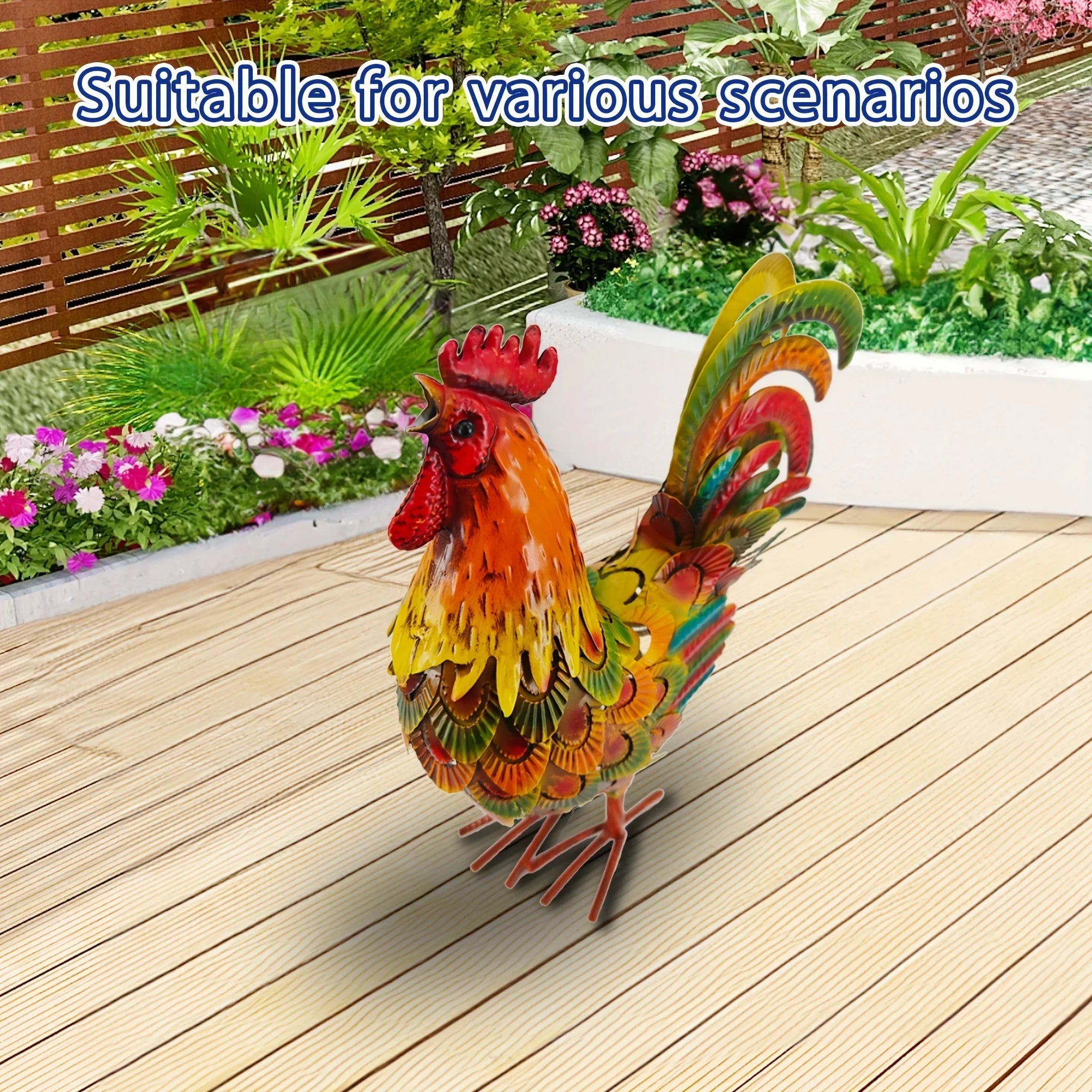 Handcrafted Colorful Metal Rooster Garden Statue