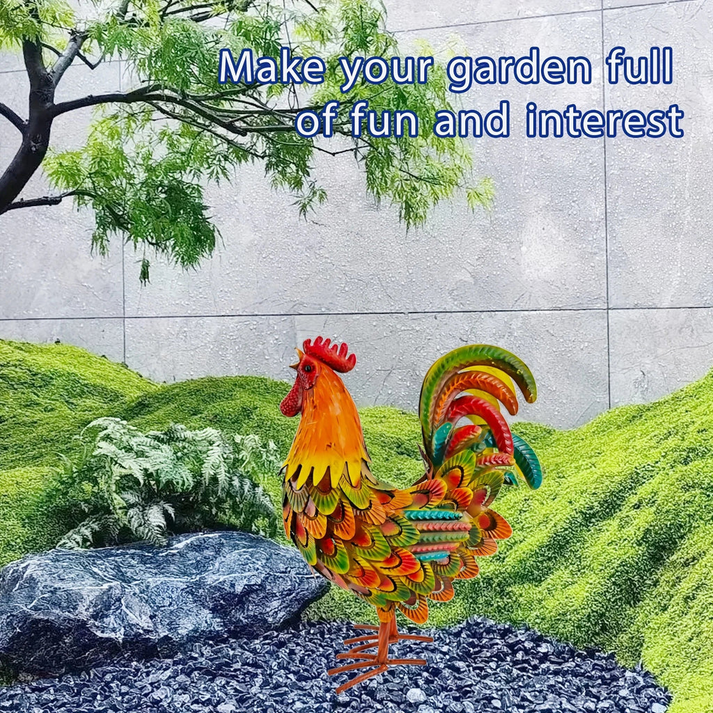 Handcrafted Colorful Metal Rooster Garden Statue