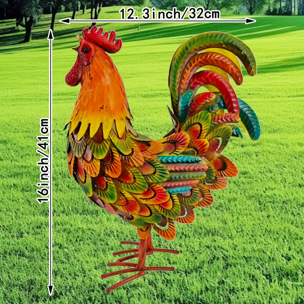 Handcrafted Colorful Metal Rooster Garden Statue