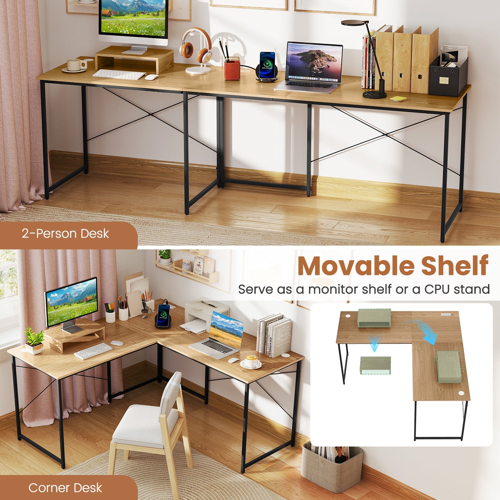 95 Inch 2-Person L-Shaped Long Reversible Computer Desk with Monitor Stand-Natural