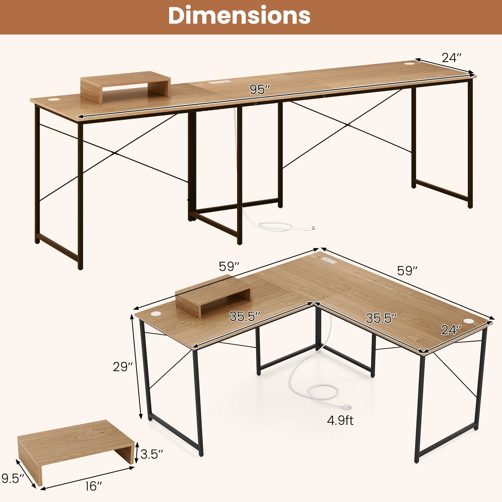 95 Inch 2-Person L-Shaped Long Reversible Computer Desk with Monitor Stand-Natural